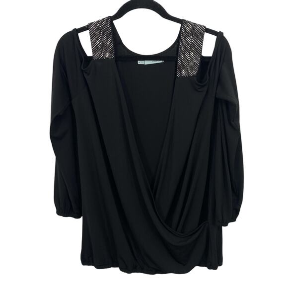 Maurices Black Slinky Knit Top Size Medium Studded Shoulders Cut Out long Sleeve - Picture 1 of 10